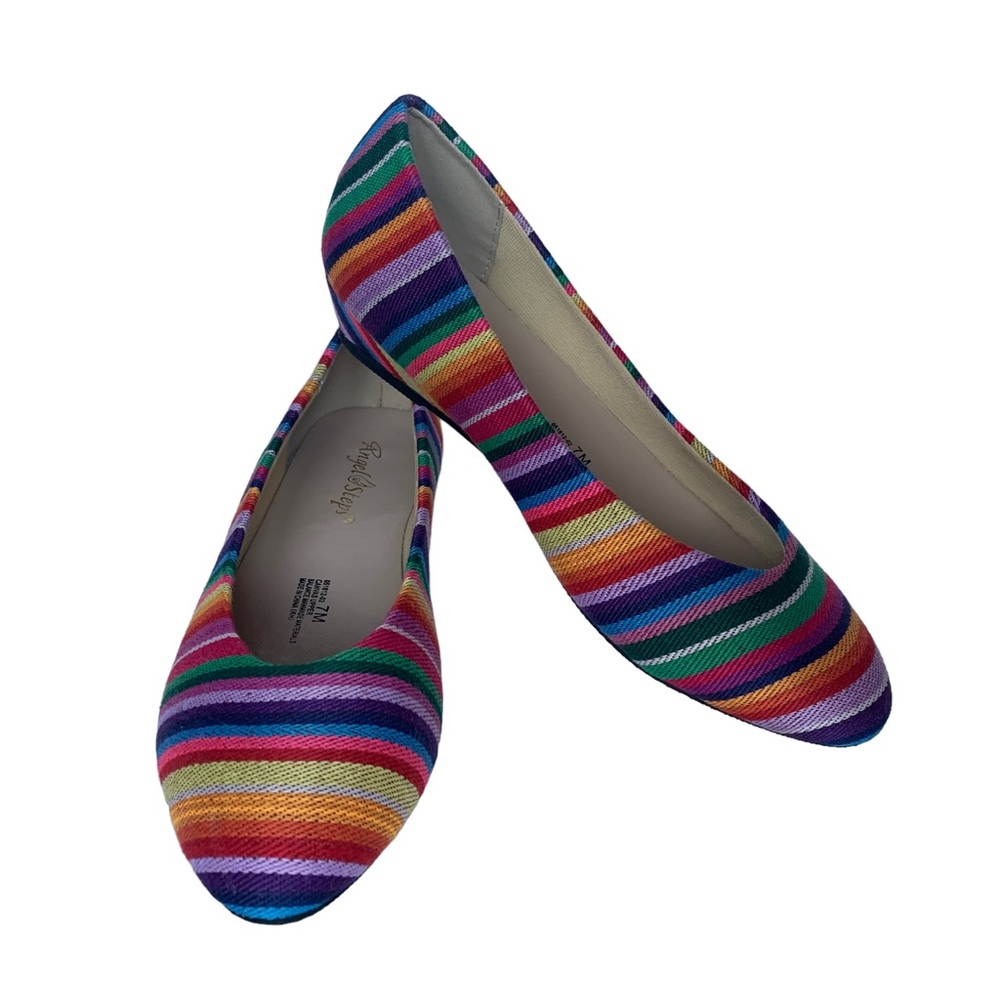 Angel Steps Rainbow Stripes Canvas Slip Ons Low Wedge